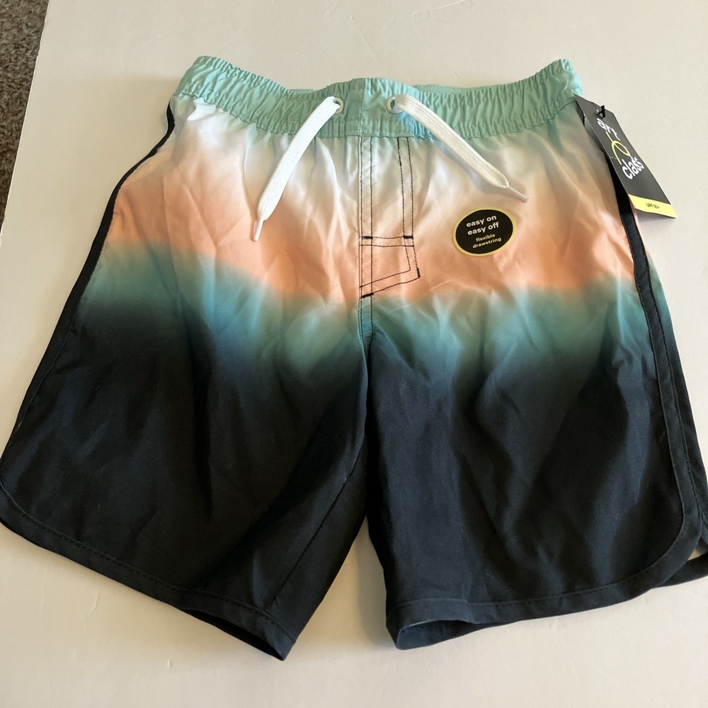 Art Class Swim Trunks Boys Small 6/7 Green Orange NEW Colorblock Ombre UPF 50+